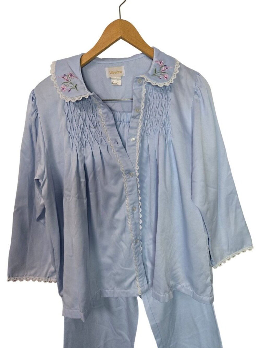 Women's Vintage Retro Barbizon Blue Pajama Set With Embroidered Collar Smocking - Picture 9 of 16